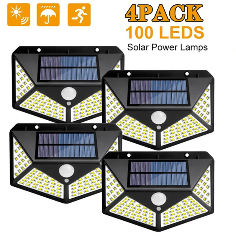 1/2/4Pcs 100 LED Solar Lights Outdoor PIR Motion Sensor Wall Lamp Waterproof Sun