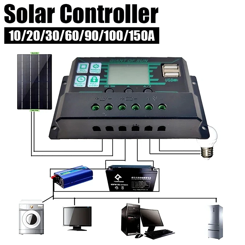 10/20/30/40/50/60/70/80/90/100/150A Solar Controller Digital Display LCD Screen 