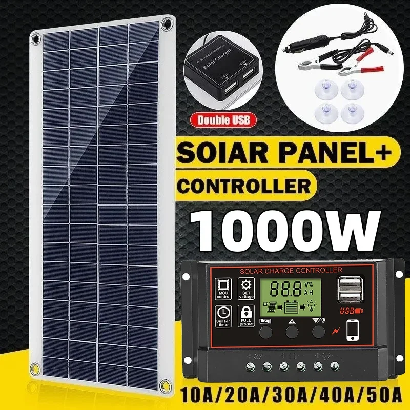 1000W Solar Panel 12V Solar Cell 10A-100A Controller Solar Plate Kit For Phone R