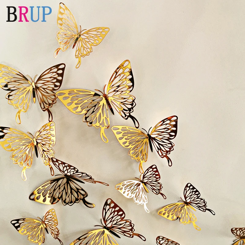 12Pcs/lot New 3D Hollow Golden Silver Butterfly Wall Stickers Art Home Decoratio
