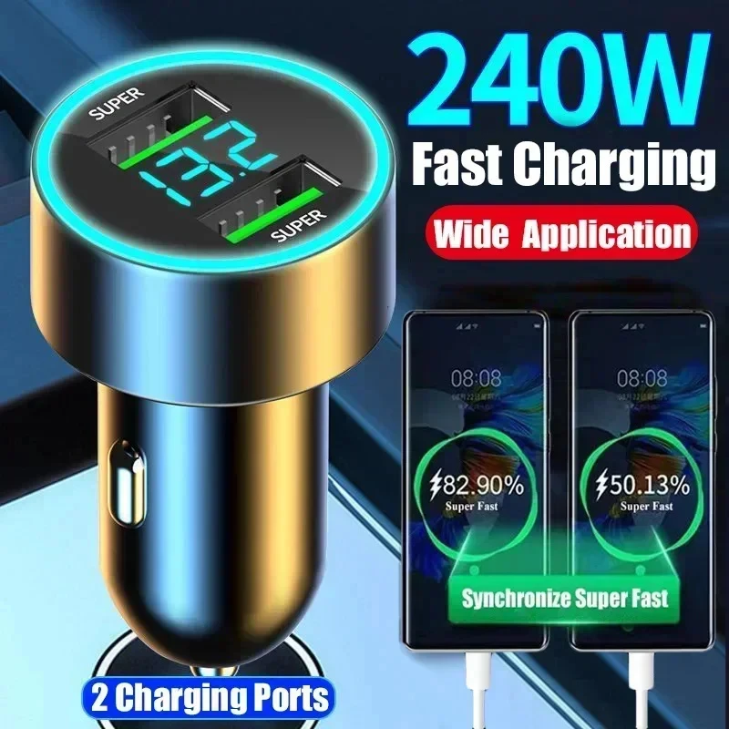 240W 2 USB Ports Adapter Car Charger Fast Charging for iPhone Xiaomi Samsung Quick Chargers with Digital Display 2025