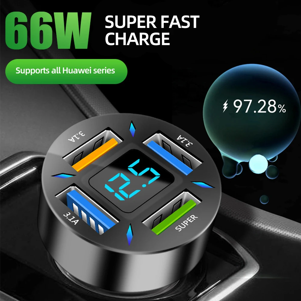 66W Car Charger Quick Charge Cigarette Lighter Adapter 4-Port USB A+USB C Fast C