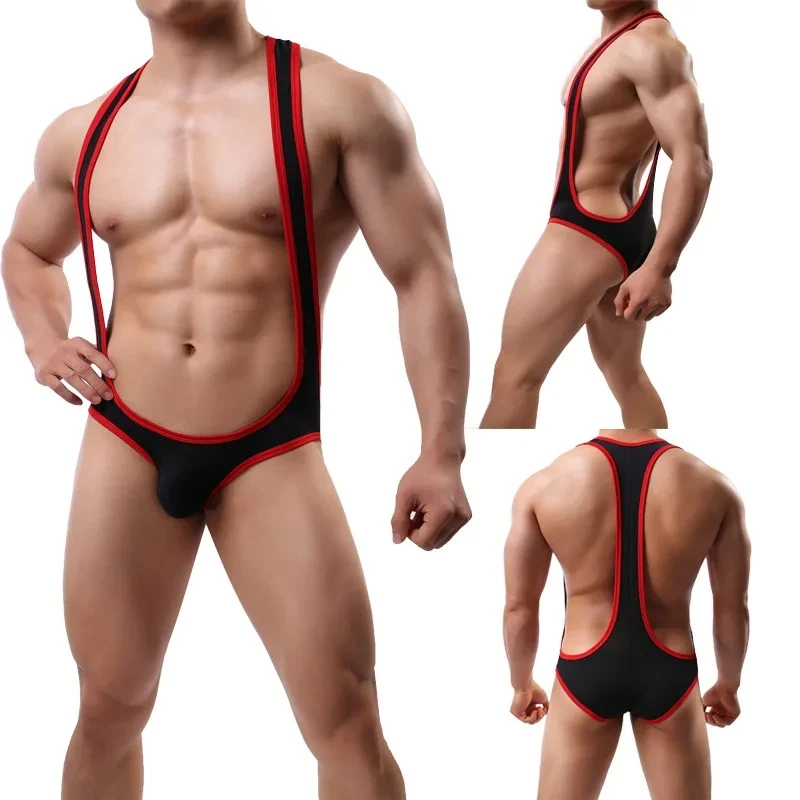 Sexy Ice Silk Bodysuit Cross Strap Men Thong Convex Pouch Lingerie Erotic Breathable Man Costume Buttocks Hollow Gay Underwear