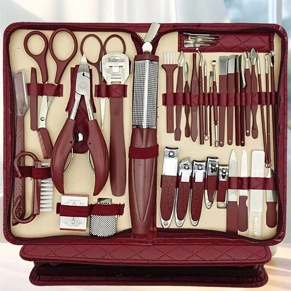 42PCS Stainless Steel Manicure Set With Zipper Leather Bag Fingernails Nail Clipper Kit Toenails Stainless Steel Nail Care Tools