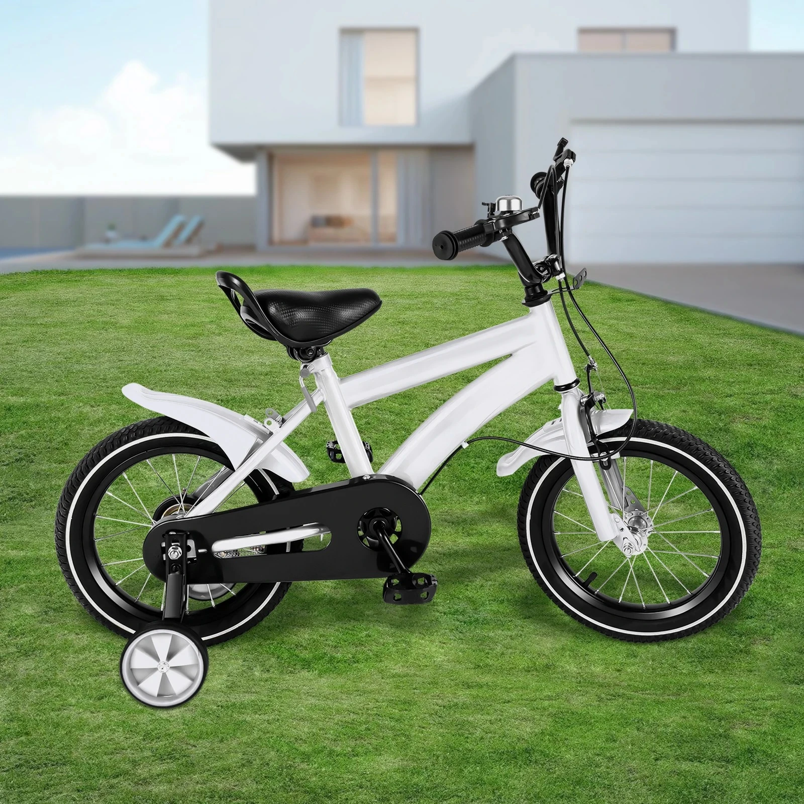 14'' Children's Bicycle,Kid's Learning Bike W/ 2 Training Wheels for 3-7 Years,Carbon Steel Bicycle,Red/White/Blue/Yellow