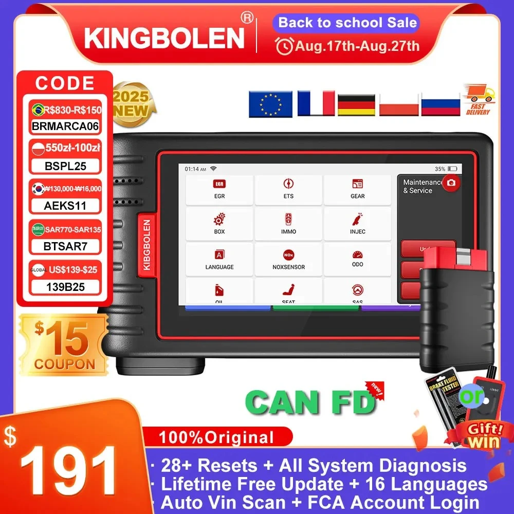 KINGBOLEN S6 All System Car Diagnostic Tools 28 Resets Support CANFD Car OBD2 Scanner Lifetime Free Update PK THINKSCAN 2