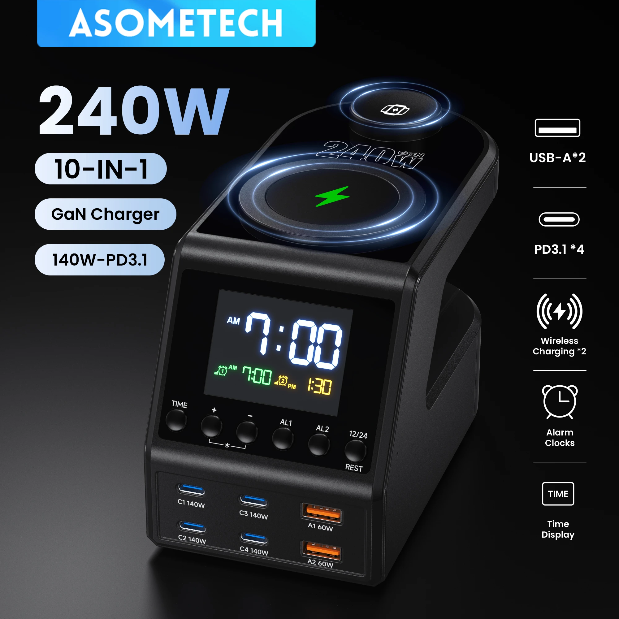 240W GaN Charger Station 4×140W PD3.1 PPS USB Type C Wireless Fast Charger for MacBook iPhone Alarm Clock Time Display