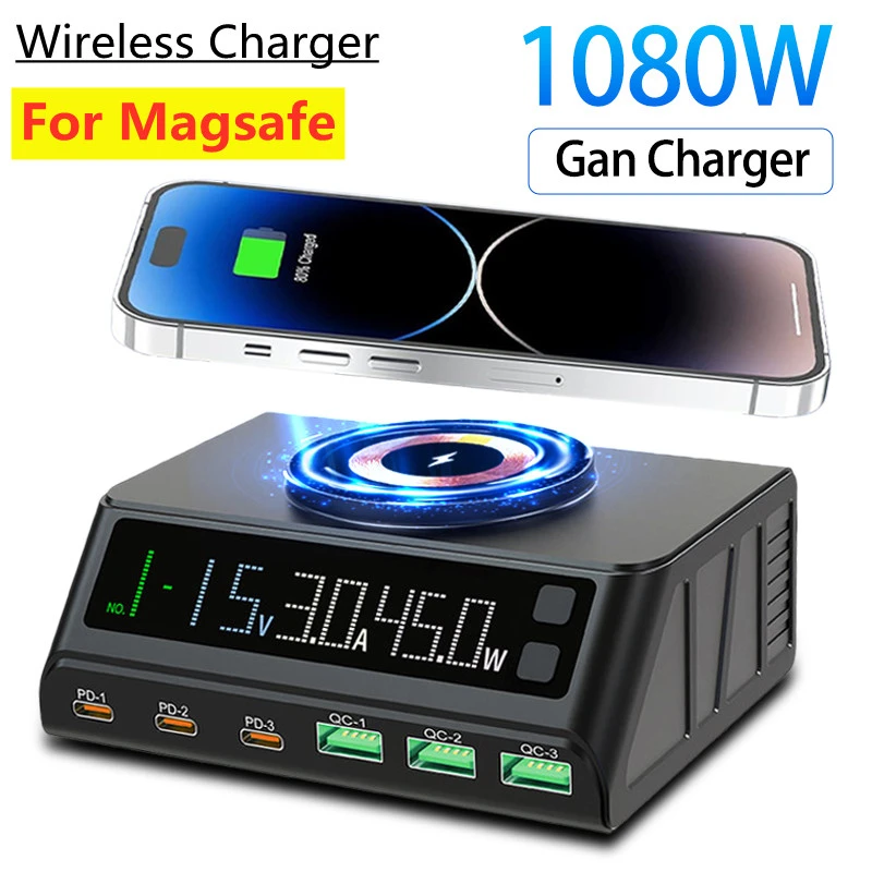 1080W USB C GaN Charger Digital Display 100W PD3.1 PPS QC3.0 Magnetic Wireless Fast Charging Station For Laptop Tablet All Phone