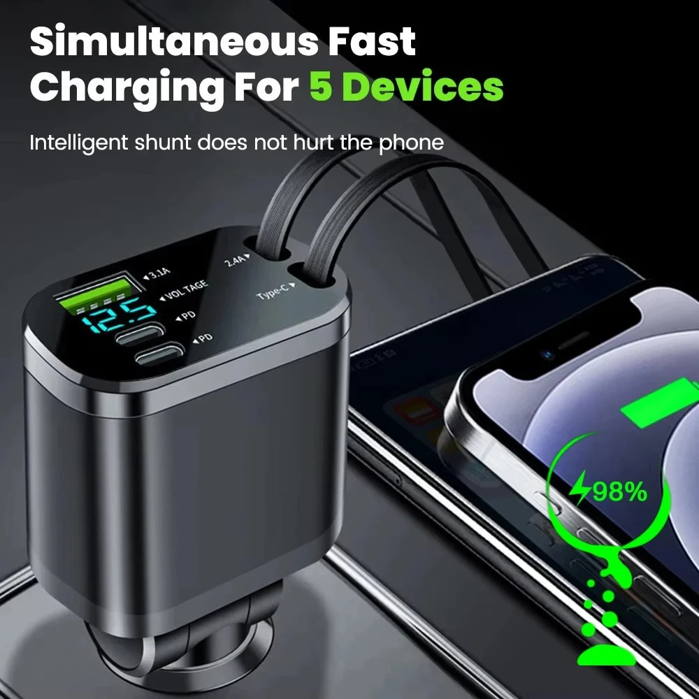 150W Car Charger Adapter 5 IN 1 Fast Charging USB Type C Car Charger with Retractable Type C Cords For iPhone Huawei Samsung
