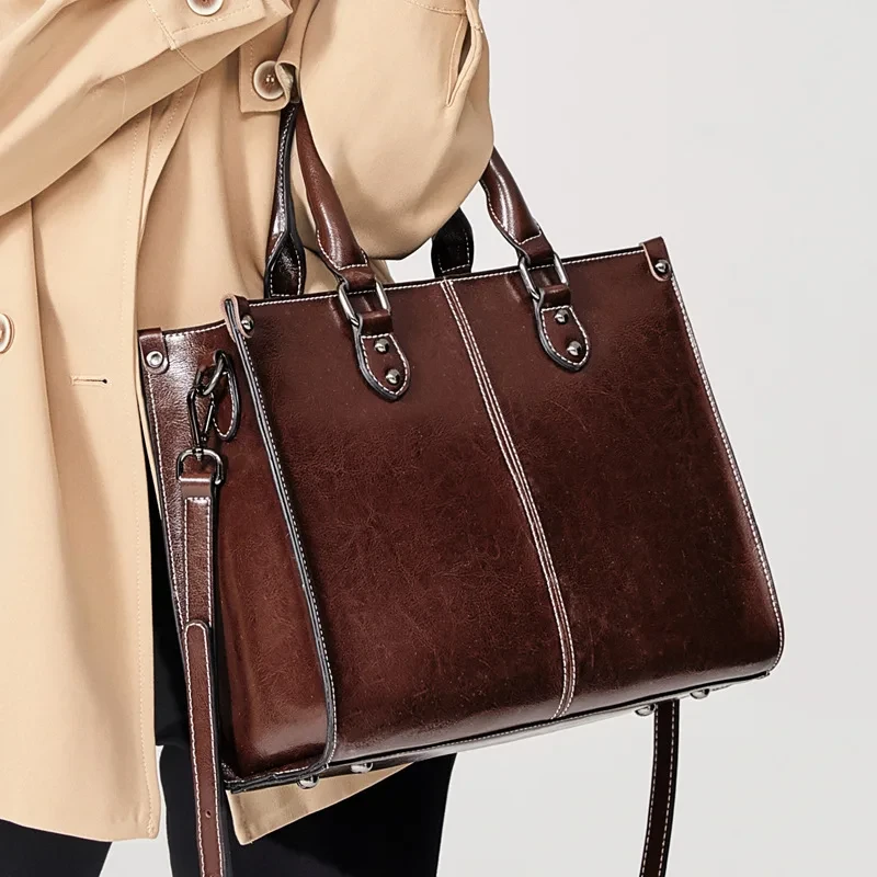 Women's Genuine Cowhide Handbag - Crossbody Shoulder Tote Bag for Office & Shopping, Fashion Top Handle Messenger Purse