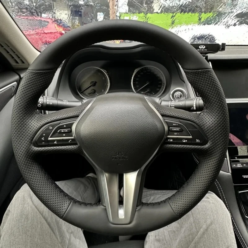 Braid Car Steering Wheel Cover Wrap Hand Sewing Wear Resistant Microfiber Leather For Infiniti QX50 Q50 2018-2020 Q60 2016-2020