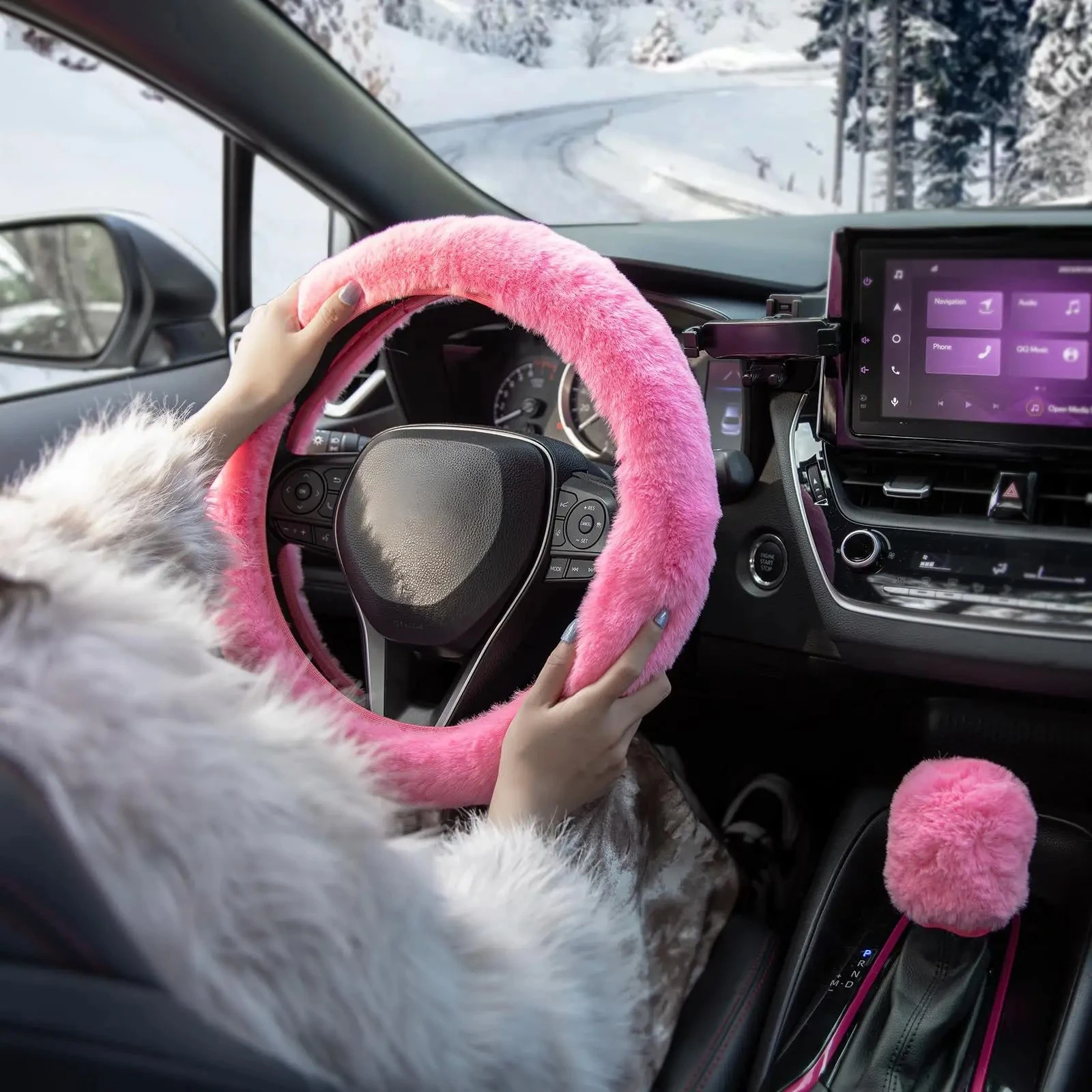 Heated & Ultra Soft Fluffy Steering Wheel Cover For Winter Warm 3pcs/Set, for Women's Car Interior Accessories，Universal 15 inch