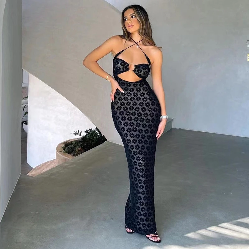 Solid Color Hanging Neck Maxi Dress Sexy Hollow Women Perspective Bag Hips Robe Female Street Trendy Dresses Clothing