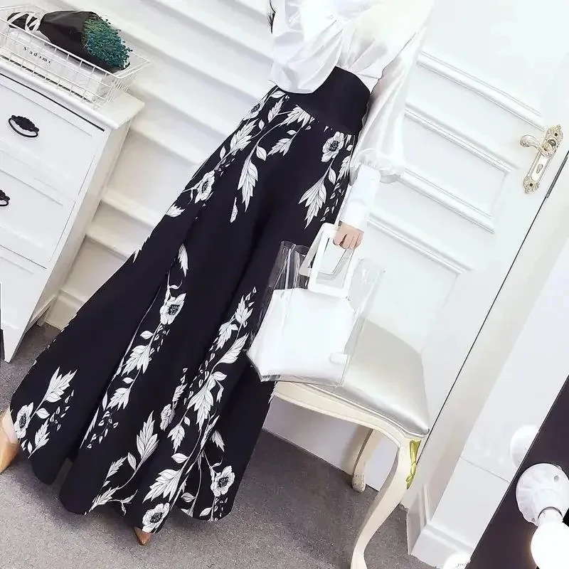New 2023 Women's Summer Fashionable Wide Leg Pants Slimming Print High Waist Draping Long Skirt Pants Korean Style Elegant