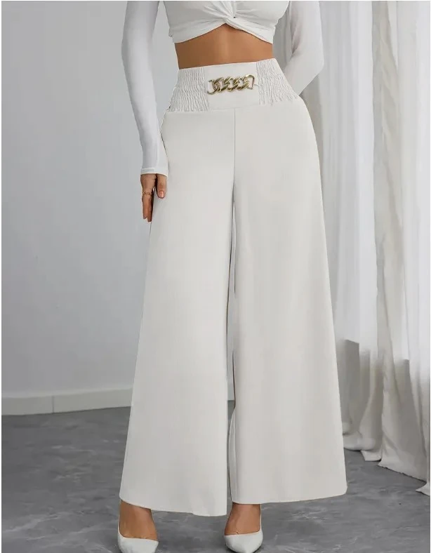 New Women's Trousers Thin High Waist Chain Elastic Waist Khaki Elegant Office Black Casual Wide-leg Pants for Female