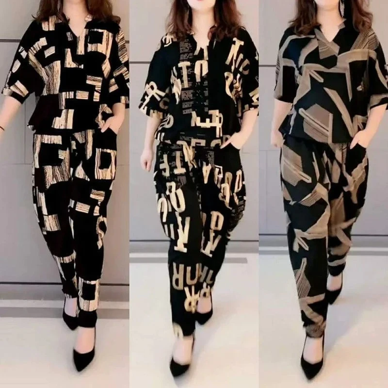 Women's Suit Summer New Korean Version Loose Print Tops Harem Pants Two Sets Matching Trendy Plus Size Clothing For Women