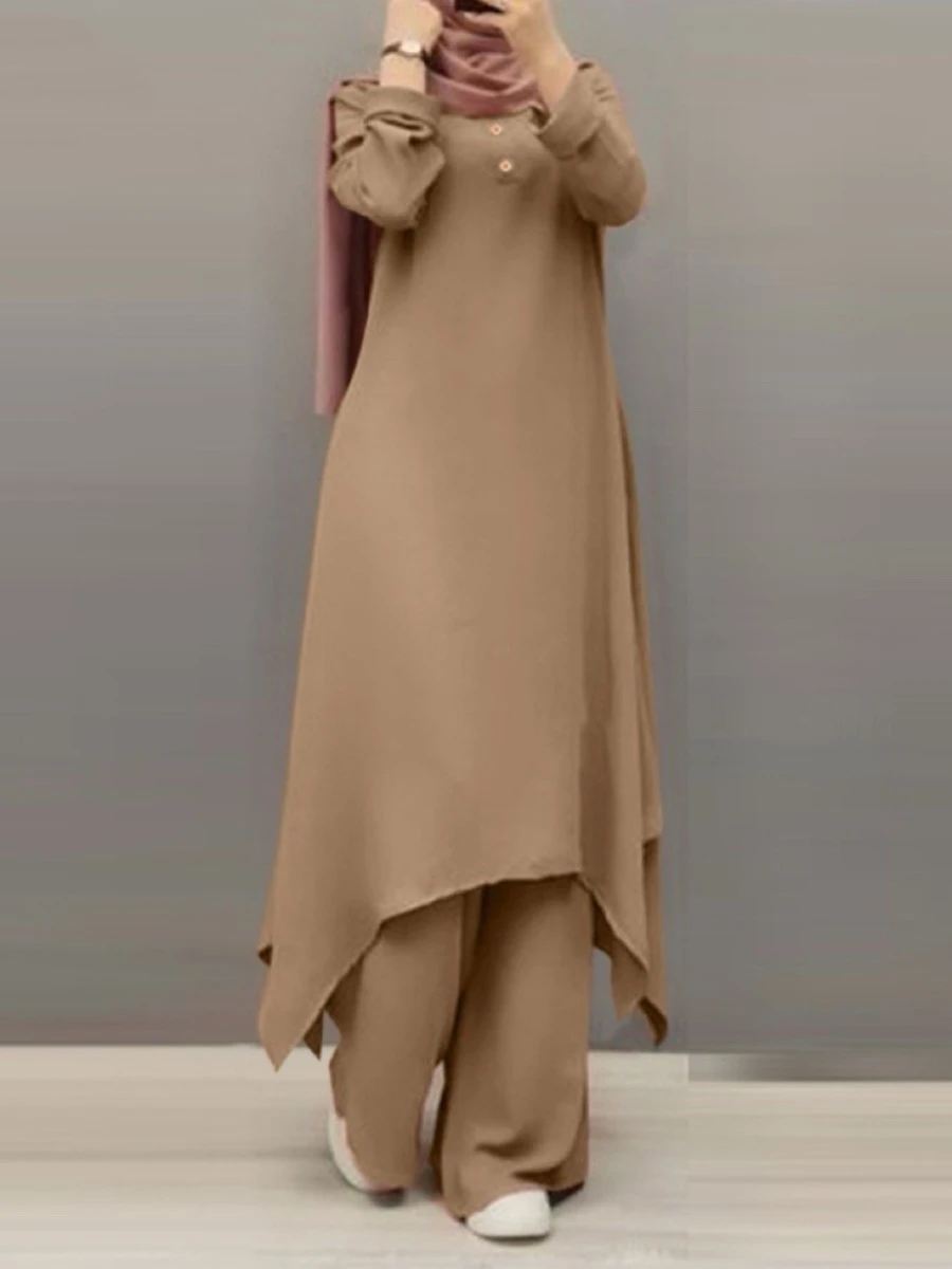 Eid Muslim Women Blouses Dress Wide Leg Pants Set 2 Piece Musulman Ensemble Dubai Casual Arab Ramadan Kaftan
