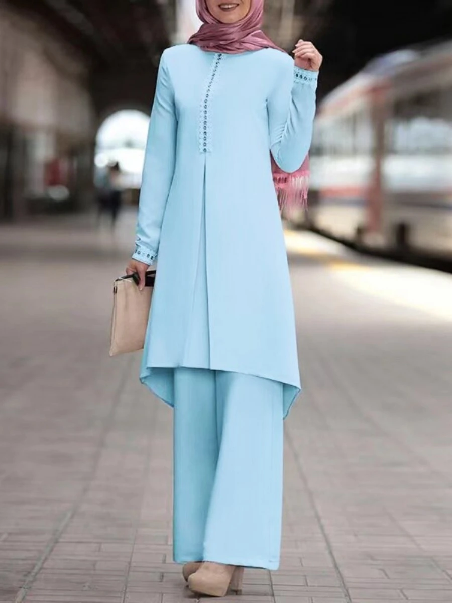 Ramadan Two Piece Sets Shirt & Pants Women Muslim Suits Shirt Blouse Musulman Ensembles Moroccan Kaftan Islamic Dress Sets
