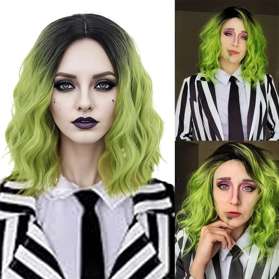 Spooky Chic Green Wig with Bangs Heat Resistant Synthetic Hair for Halloween Christmas Cosplay Rose Net Cap