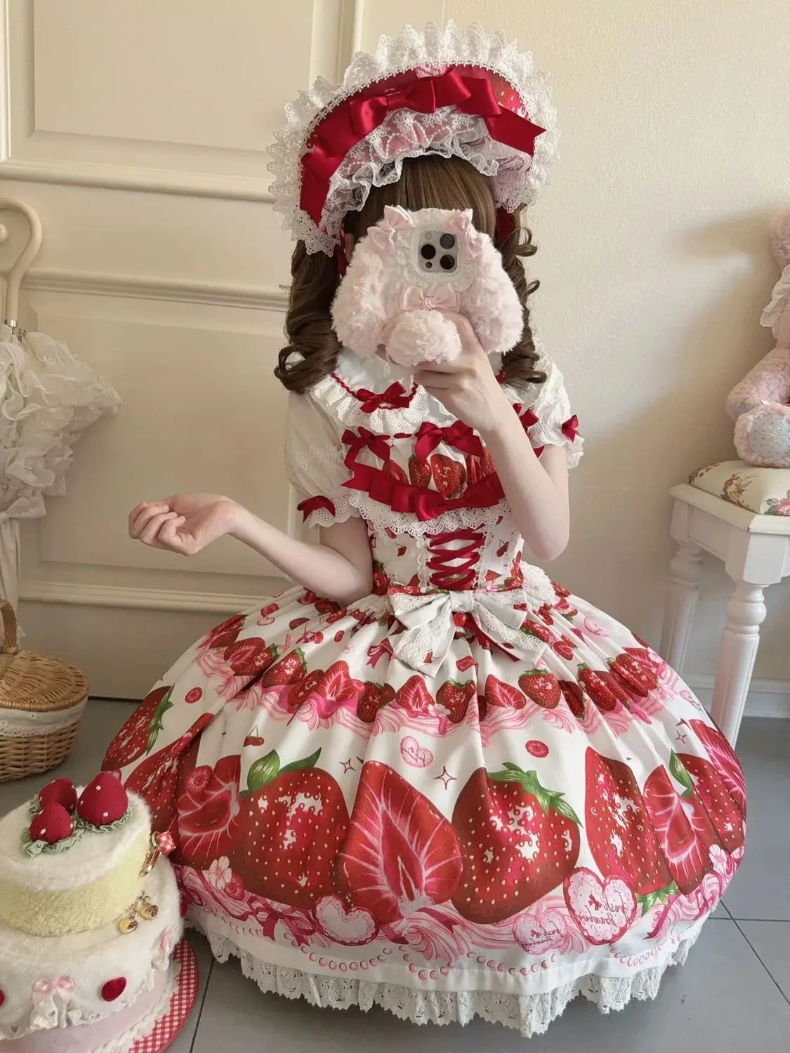 Japanese Sweet Lolita Strawberry Suspender Dress Women Kawaii Cute Print Jsk Cosplay Princess Party Dresses Vintage Dress
