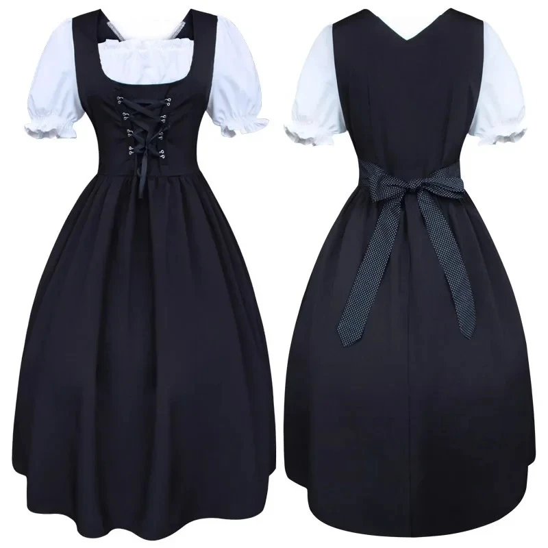 German Beer Maid Cosplay Dress Medieval Drawstring High-waisted Slim-fit Bow Bavarian Apron Fancy Costume
