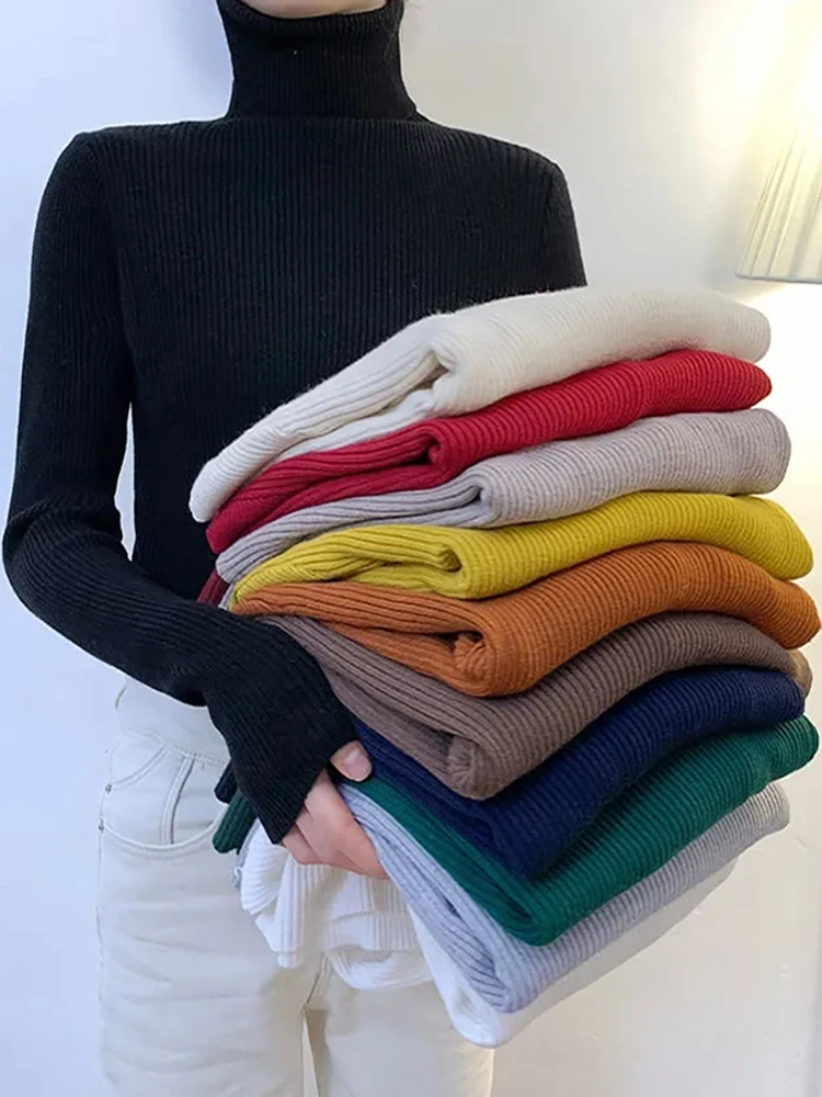 Women Pullover Turtleneck Sweater Autumn Winter Long Sleeve Slim Elastic Korean Simple Basic Jumper Solid Color Top
