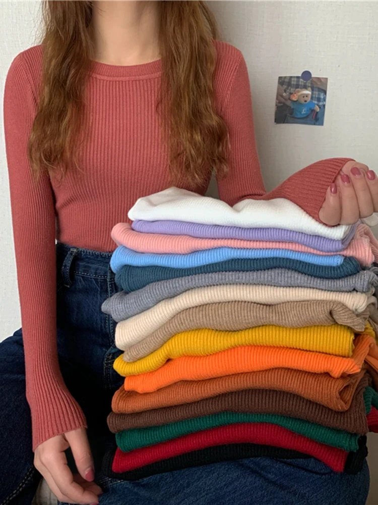 Women Sweater Autumn Winter Long Sleeve Pullover Basic Top Fashion O-neck Elastic Female Winter Solid Knitted Jumper