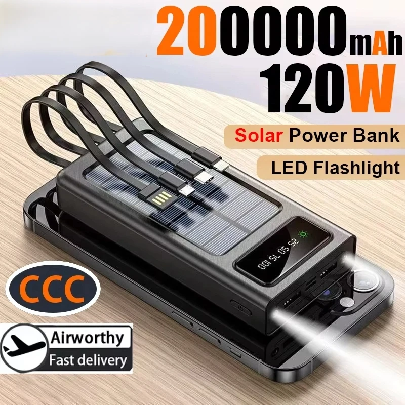 VIVO 200000mAh Solar Power Bank 3C Certification 4-in-1 Ultra Capacity LED Light Outdoor Charger Fast Charging External Battery