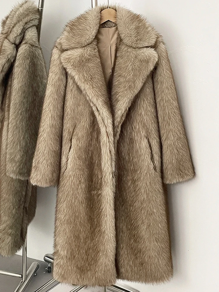 Mueyeruho Winter Women Faux Fur Jacket Coat Solid Khaki Long Sleeve Thick Warm Overcoat Outwear Fluffy Coat For Women