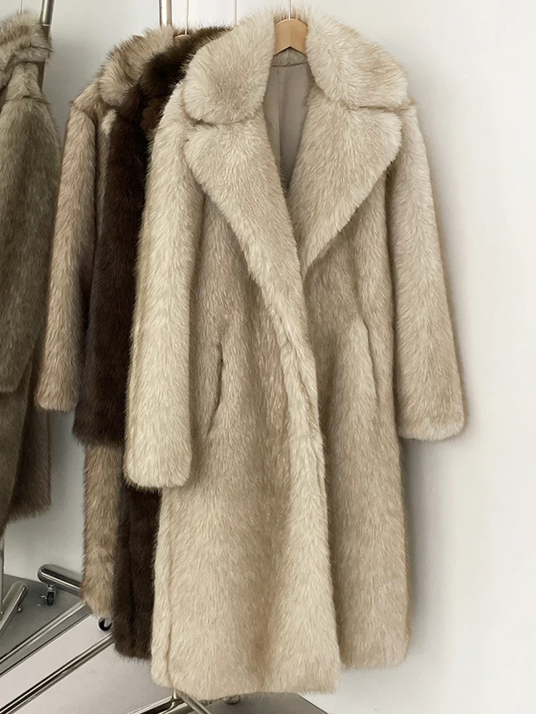 Mueyeruho Winter Women Faux Fur Jacket Coat Solid Khaki Long Sleeve Thick Warm Overcoat Outwear Fluffy Coat For Women