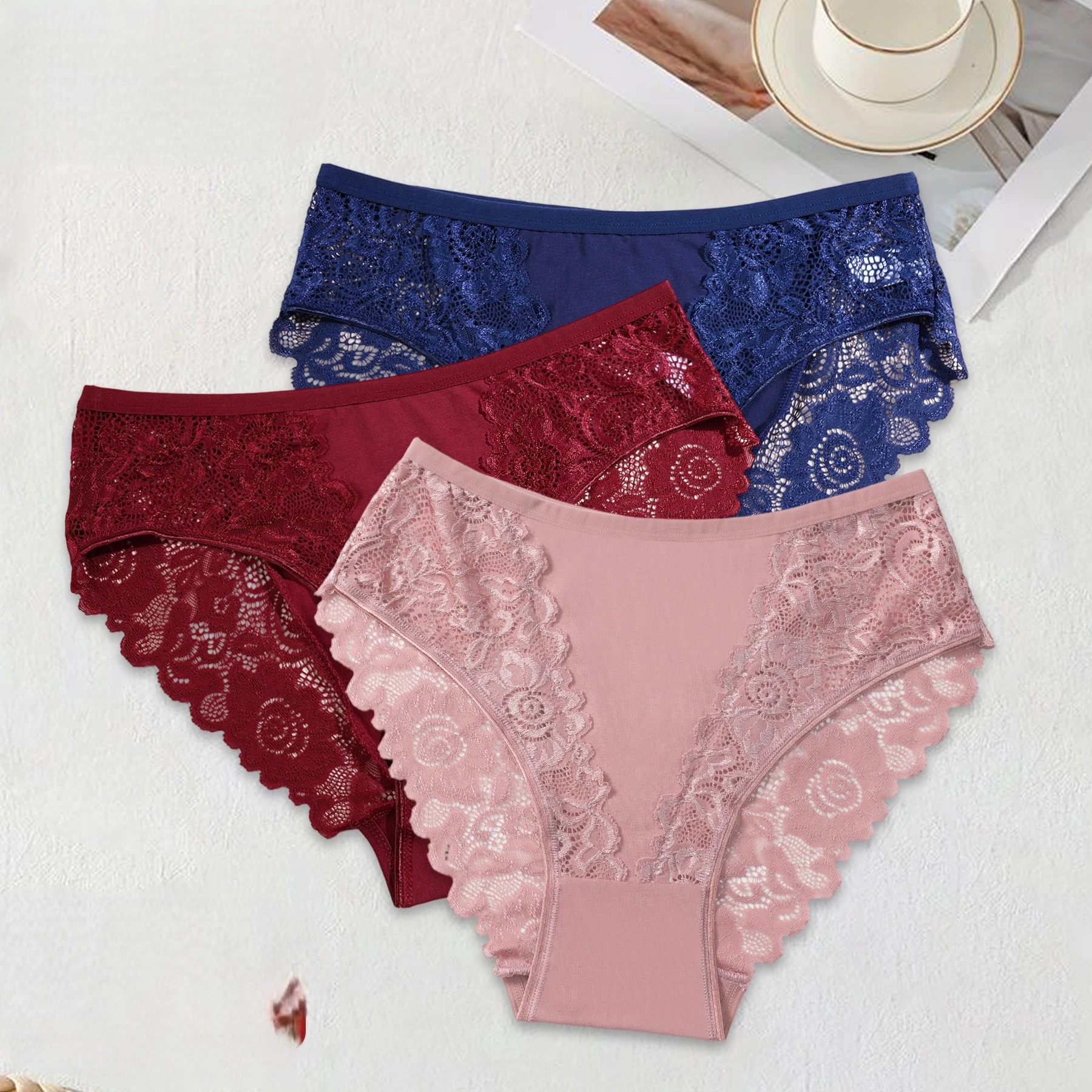 3PCS Solid Color Lace Underwear for Women Sexy Hollow Out Floral Lace Cotton Splicing Panties Elegant Female Comfortable Briefs