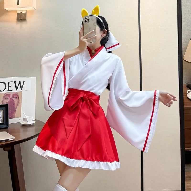 Japanese Kawaii Kimono Robe Anime Cosplay Kimono Dress Plus Size Lolita Clothing Long Sleeve Red White Maid Outfits dropshipping