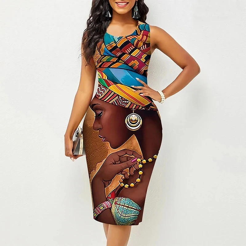 African Black Girls 3D Print Sexy Knee Length Dresses Women Slim Fit Party Dress Sleeveless Girl Elegant Formal Occasion Dresses