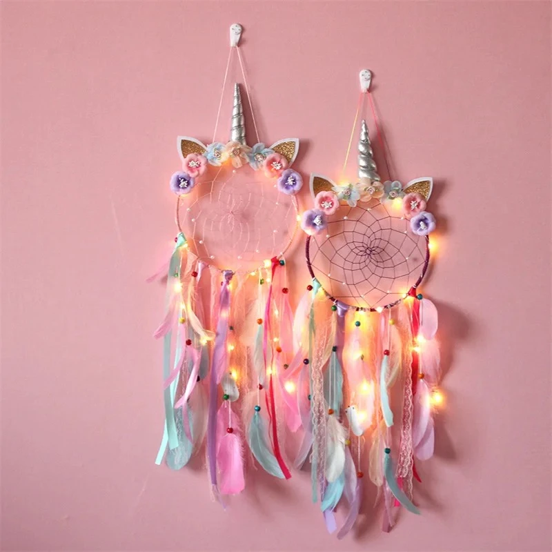 Pink LED Light Unicorn Dream Catcher Ornament For Girls Boho Room Decor Bedroom Unicorn Macrame Dreamcatcher Hanging Pendant