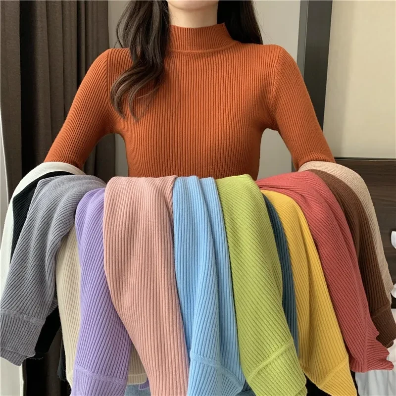 Autumn Basic Bottoming Sweater Top Women Ribbed Soft Mock Neck Elastic Pullover
