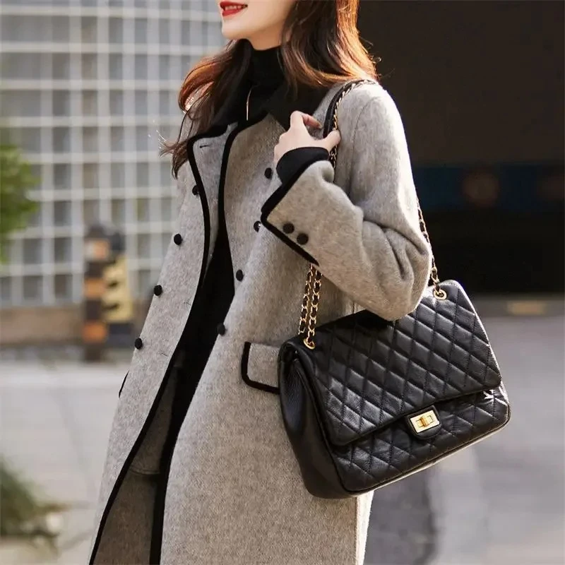 Fashionable Korean Style Slimming Casual Versatile Autumn Winter Woolen Coat Women's Small Collar Color Block Big Coat