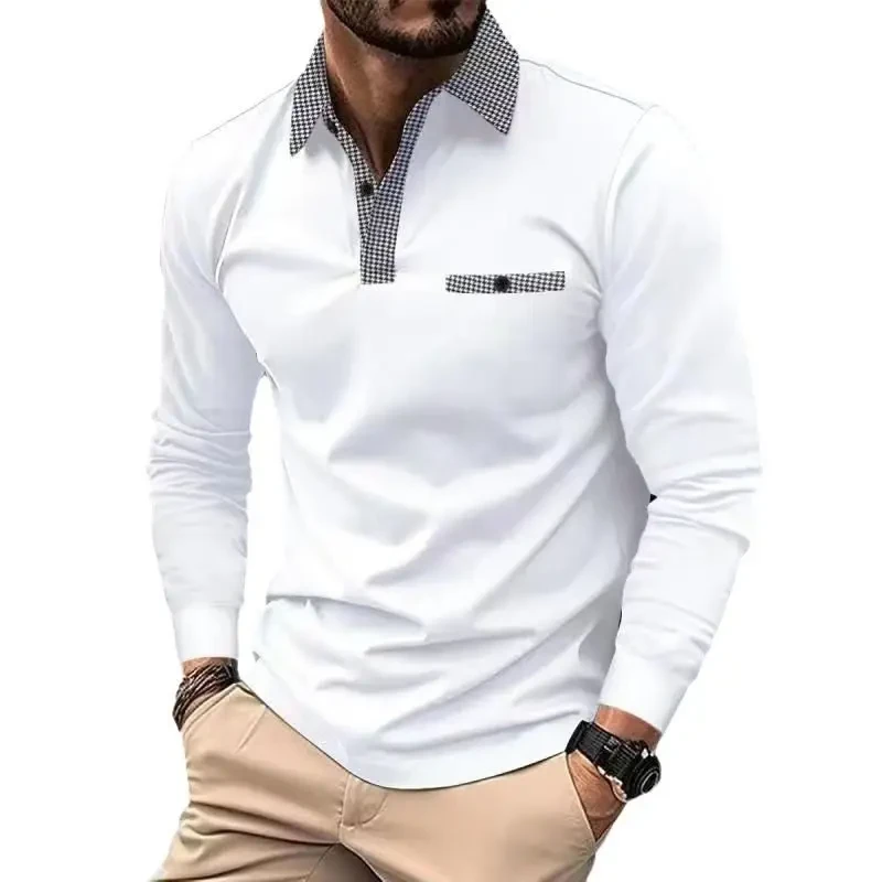 Fashionable Spring and Autumn Men's Long Sleeved Polo Shirt with Patchwork Design Made of Polyester Fiber Casual Outdoor Wear