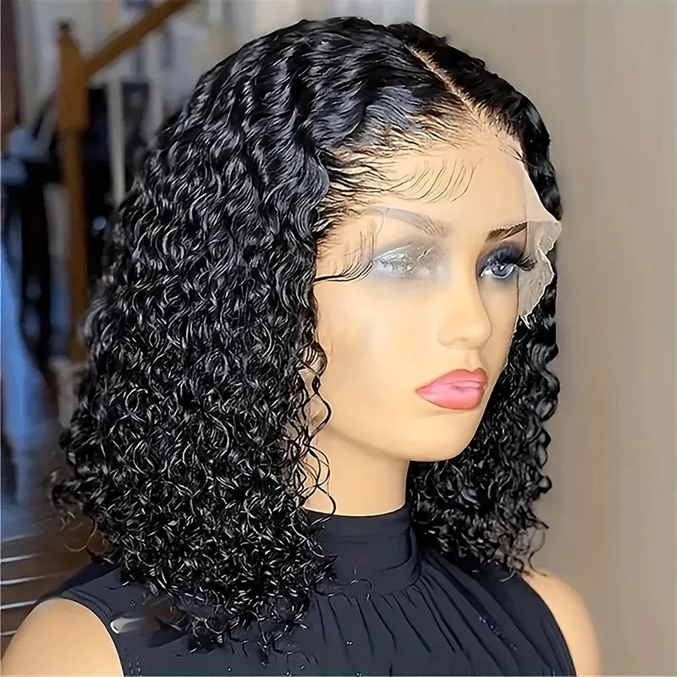Curly Pixie Cut Wig Lace Human Hair Wig Water Wave Short Bob Wig for Women 13X1 Transparent Lace Wig Cheap Wig Ombre Burgundy