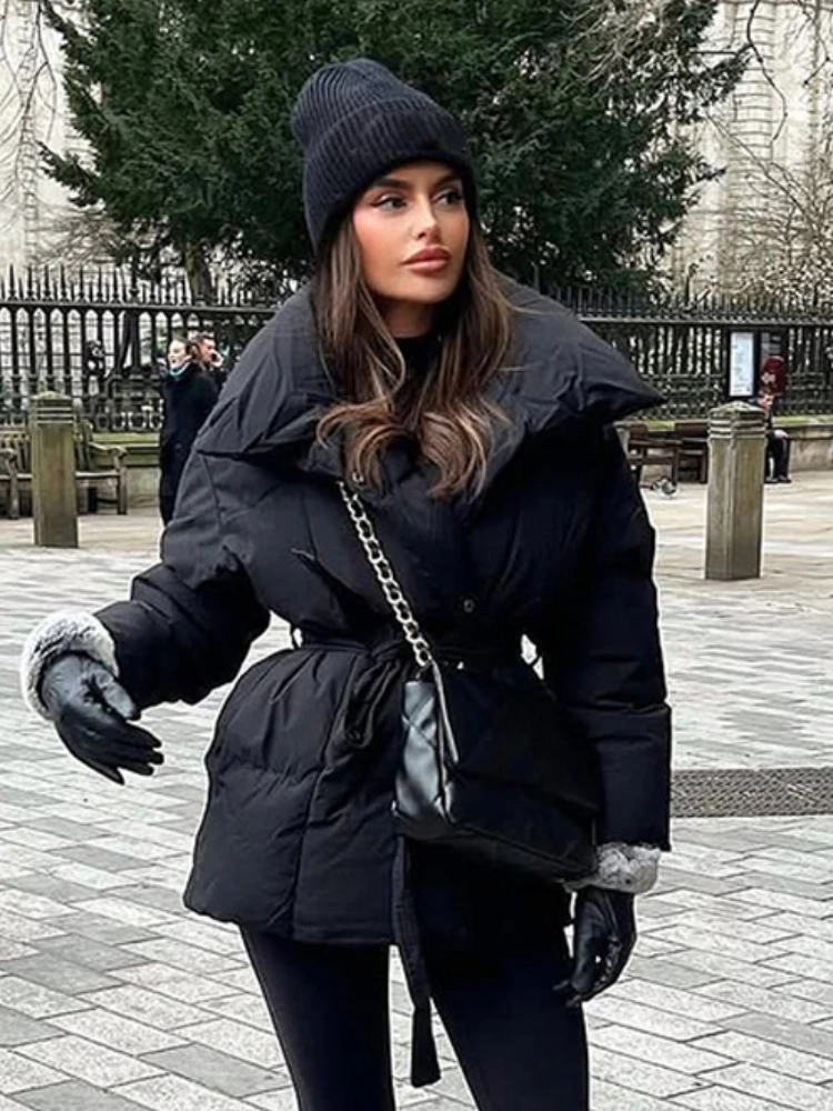 Casual Solid Lace Up Cotton Coat Women Chic Lapel Long Sleeve Warm Loose Pocket Short Jacket Winter Lady Commute Street Outwear