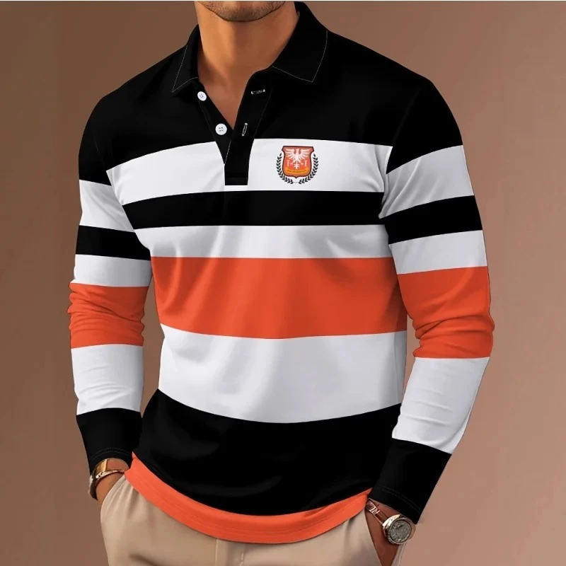 New Classic Stripe Printed Men's Long Sleeve Polo Shirts Autumn Casual Comfortable Fit Button Polo Tops Street Man Pullover