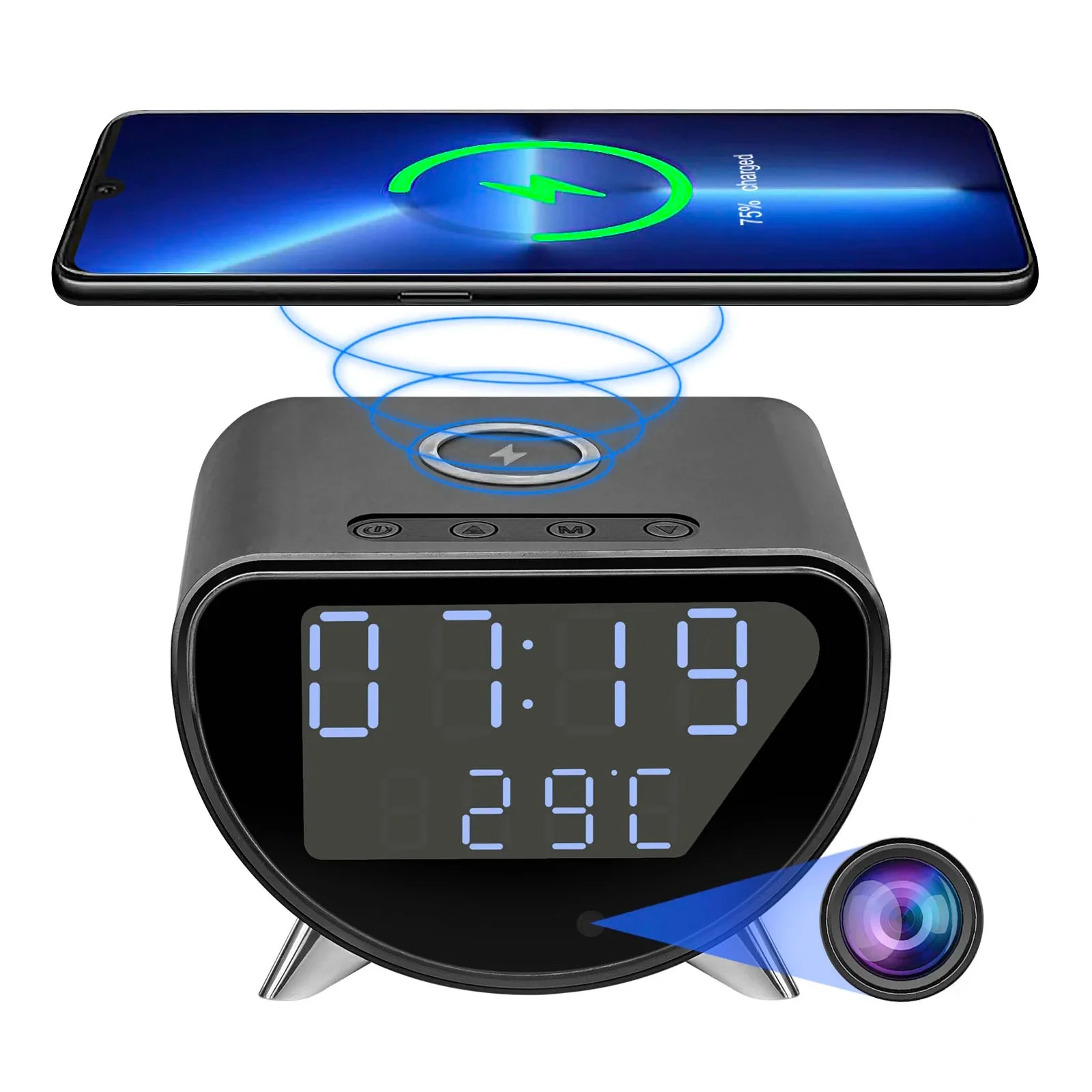 WiFi Clock Camera with Wireless Charger, 4K HD, Remote Viewing, Motion Detection, Recording, App, Nanny Cam For Home Security