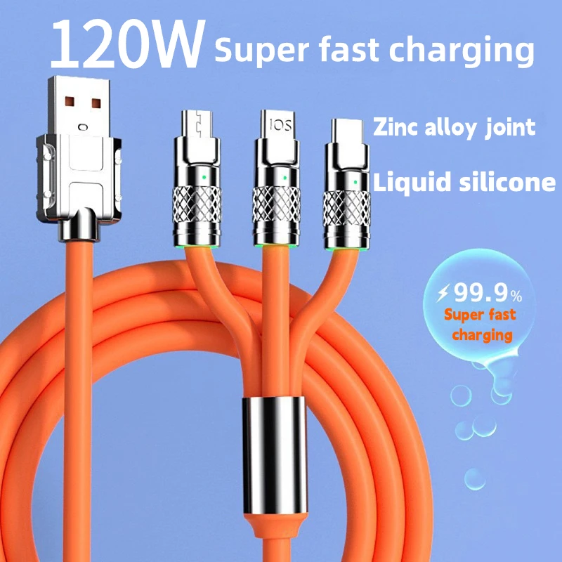 6A 120W 3in1 2in1 USB Fast Charger Cable For iPhone 14 Micro USB Type-C 8-Pin Ch