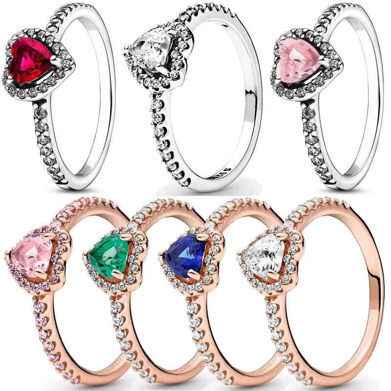 925 Sterling Silver Ring Elevated Red Heart With Colorful Crystal Rings For Wome