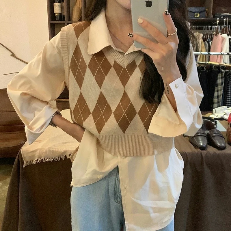 Autumn Fashion Female Vintage Plaid Sweater Vests Women's Tank Tops Knitted Crop