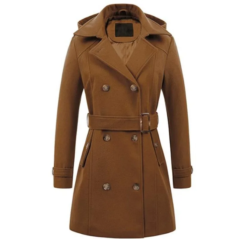 Coat Hooded Double Breasted Waistband Retro Fashion Solid Color Plus Size Jacket