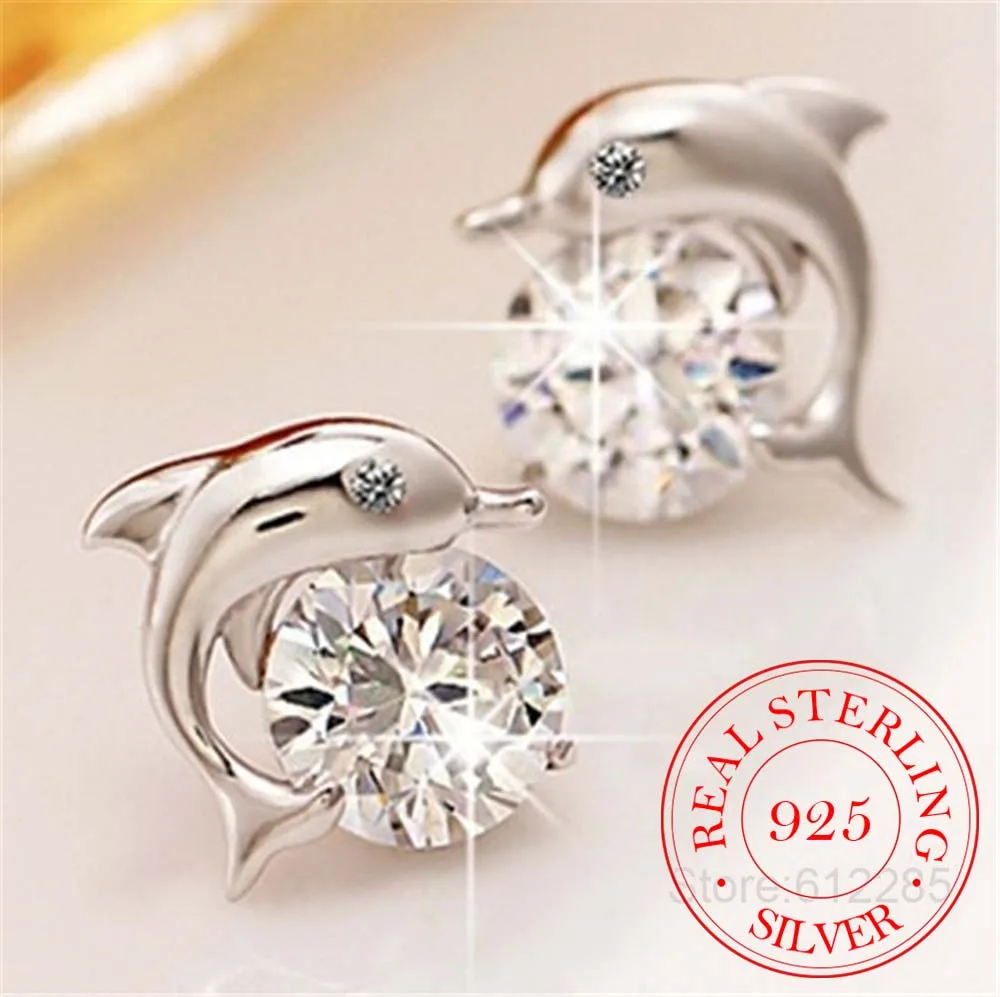 Cute Romantic Dolphin Love Stud Earrings For Women High Quality 925 Jewelry Ster