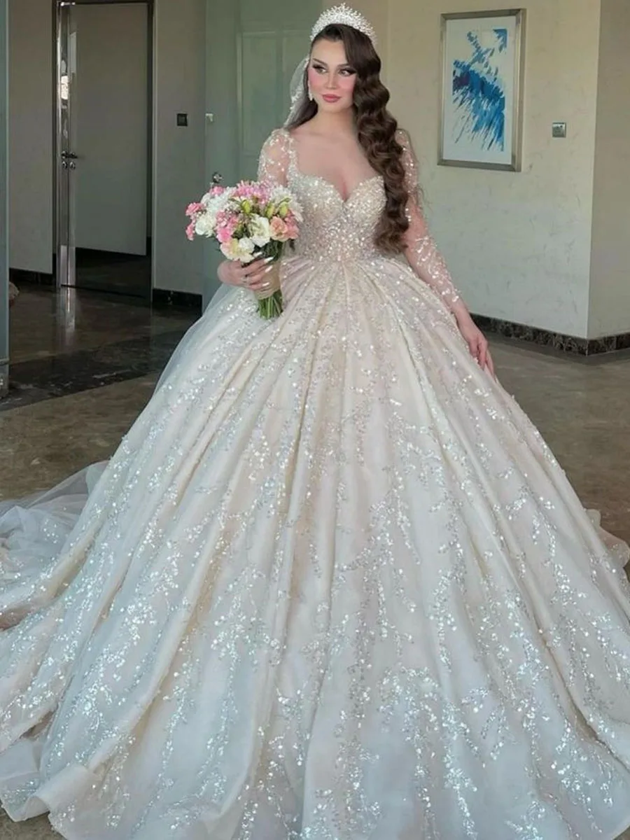 Haute Couture Romantic white The Bride Dress With Long Sleeve Lace Beading Sequi