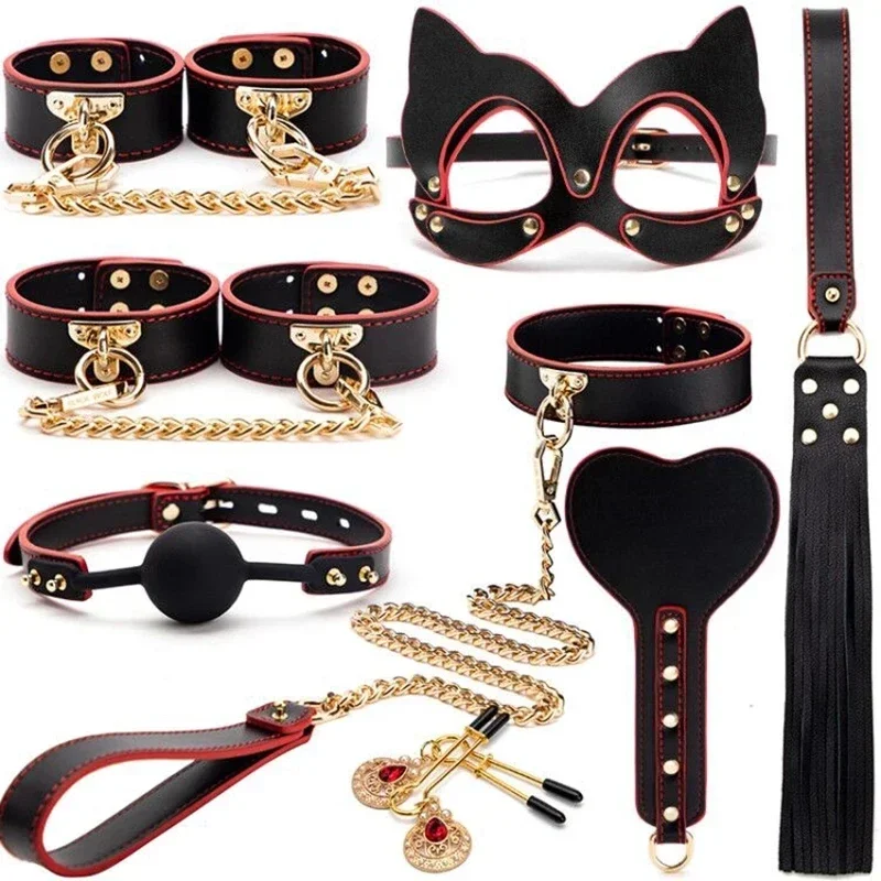 High quality BDSM Genuine Leather Bondage Set Fetish Handcuffs Collar Gag Whip E