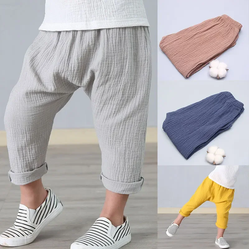 Kids Pants Boy Girl Summer Solid Color Linen Pleated Trousers Children Ankle-len