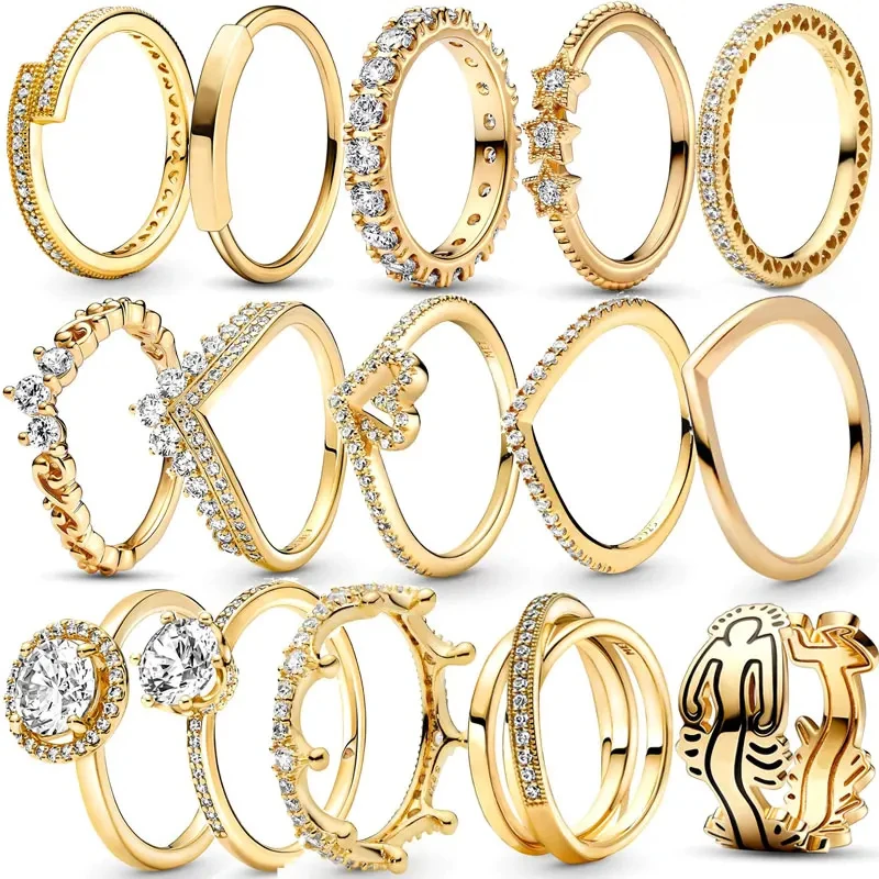 New Gold Plated Ring Zircon Sparkling Princess Wishbone Heart Women Original Fin